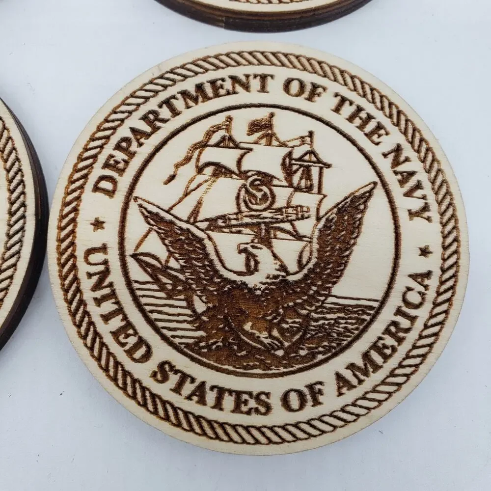 Wood Coasters w/Holder‎ U.S. Navy Logo Wood Burned. Desktop. Office. Decor. NICE